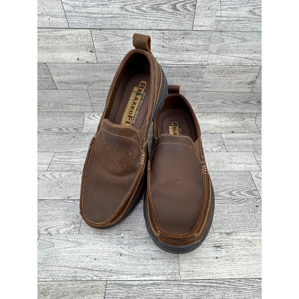 Skechers Relaxed Fit Mens‎ Brown Leather Slip On Loafer Shoes Size 8.5 63697